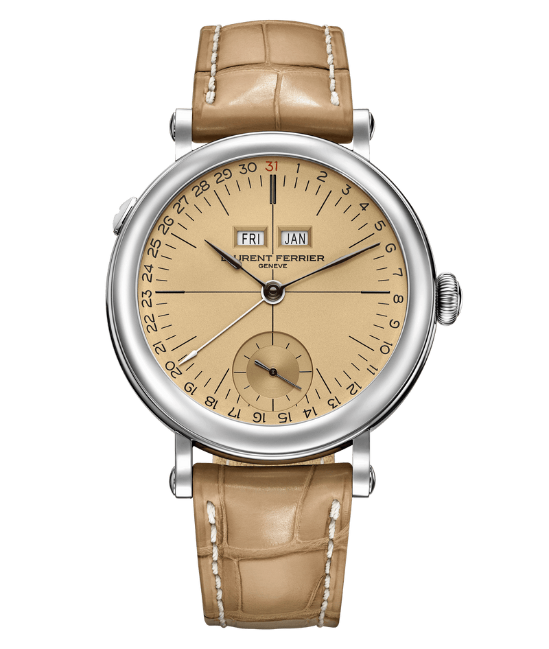 ecole micro rotor watch in stainless steel case with vintage yellow gold tan dial limited exclusive geneva edition by laurent ferrier