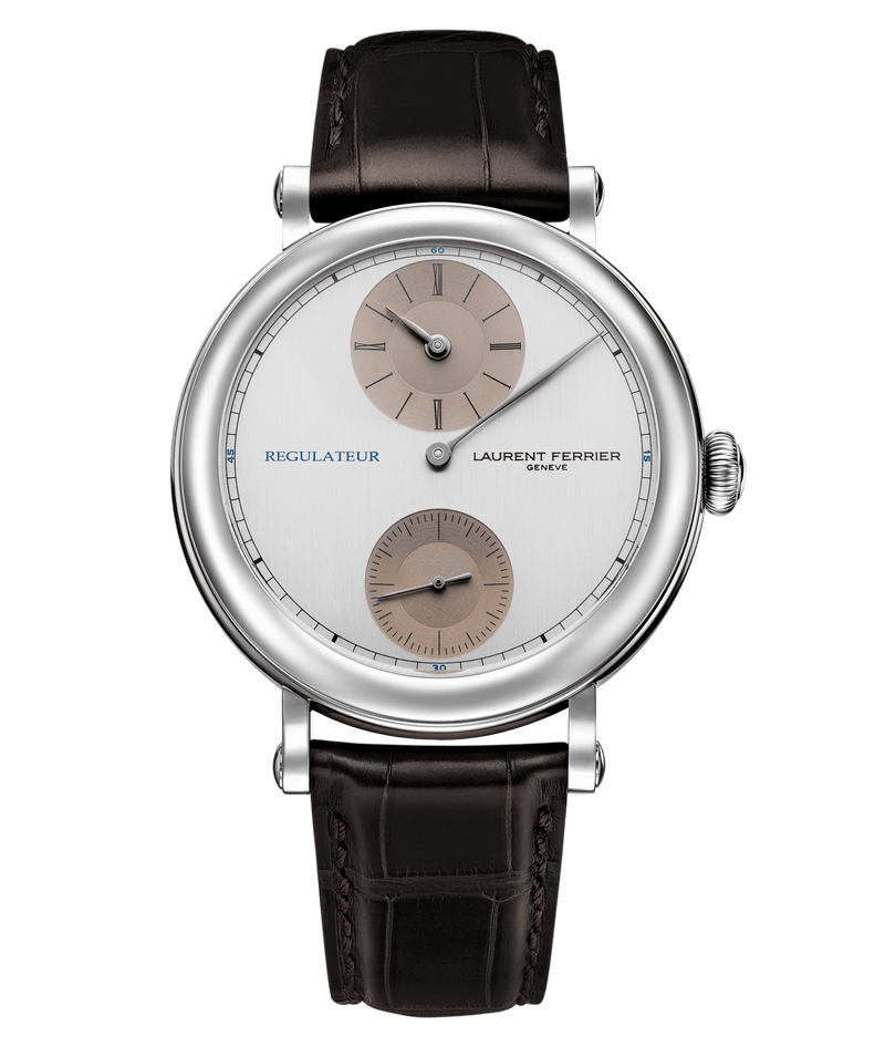 laurent ferrier ecole micro rotor regulateur watch with silver dial and stainless steel case with dark brown alligator bracelet