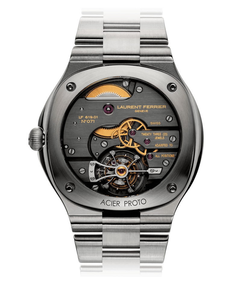 visible tourbillon movement side of laurent ferrier stainless steel included bracelet grand sport limited watch with 619.01 movement