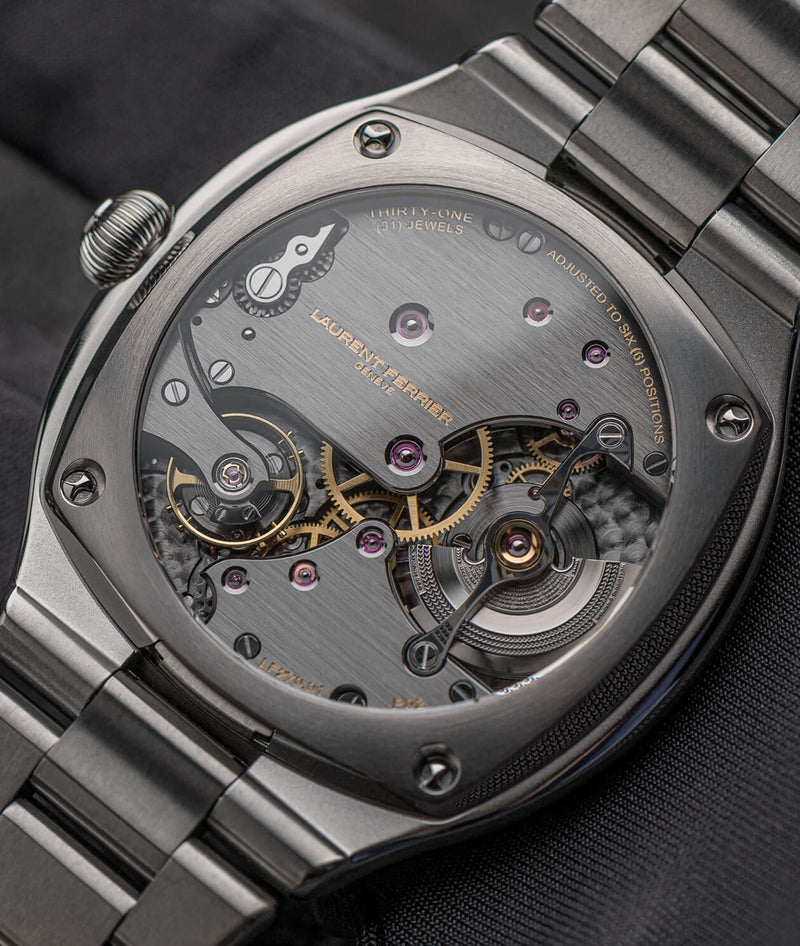 back close view of laurent ferrier sport auto "lf270.01" automatic movement with swiss lever for robustness in all conditions. photographer cyril biselx