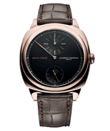 front of laurent ferrier black-dial square regulateur with red-gold case and dark chocolate brown alligator bracelet