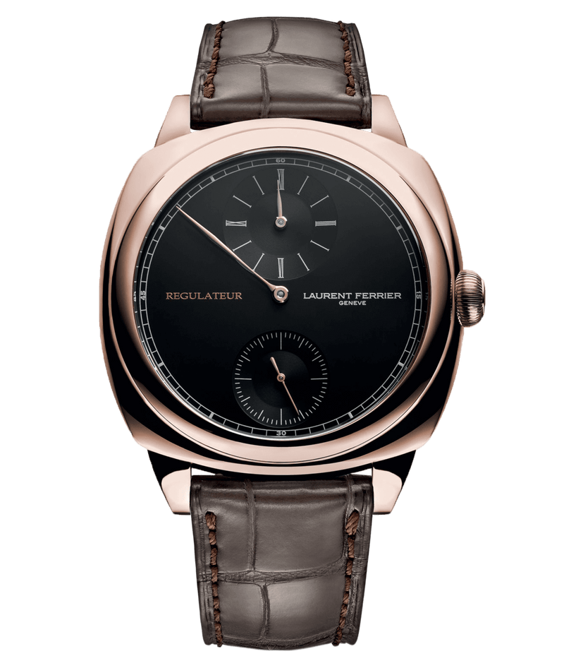 front of laurent ferrier black-dial square regulateur with red-gold case and dark chocolate brown alligator bracelet