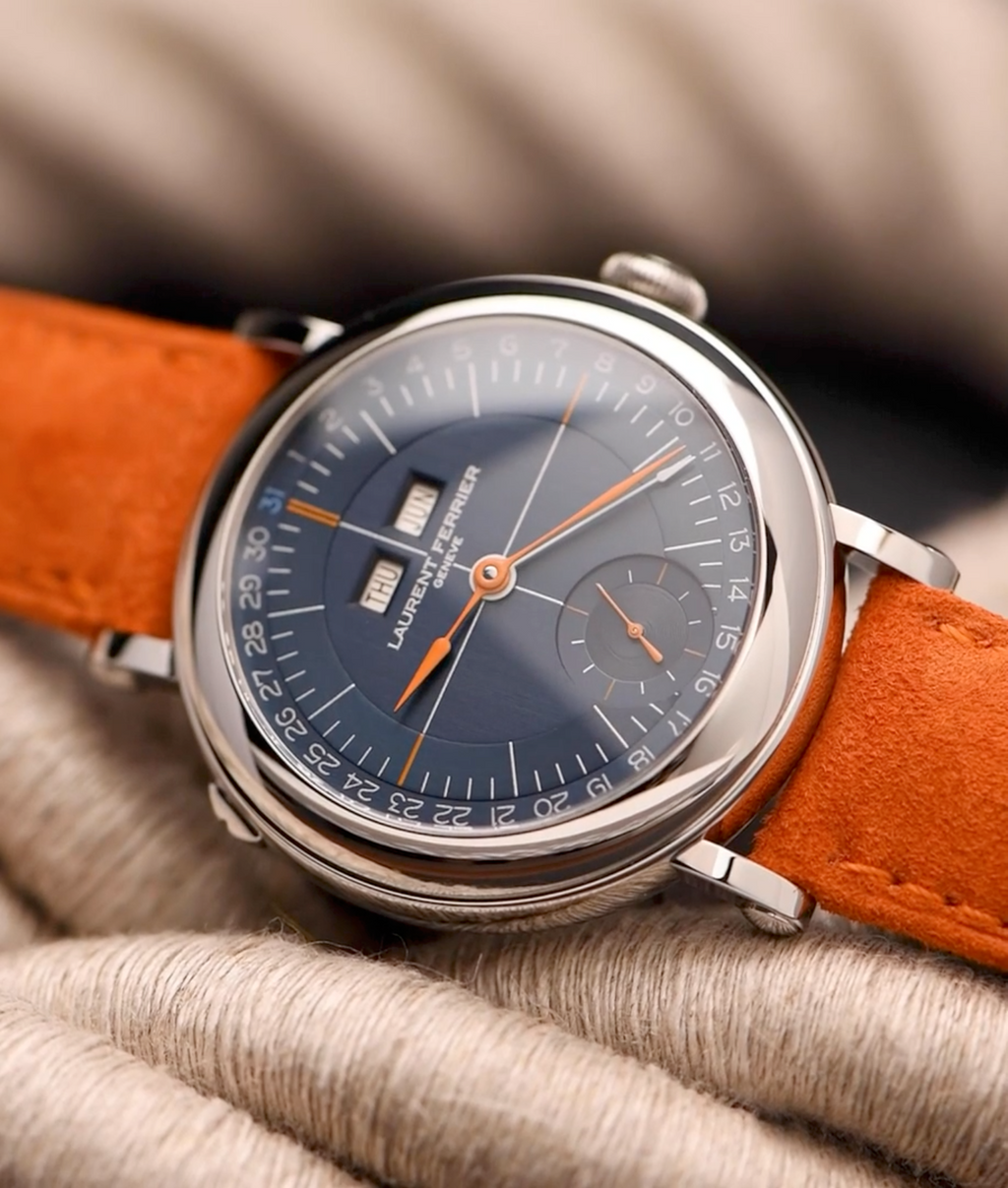Laurent Ferrier exclusive Série Atelier II École Annual Calendar Navy with orange small second running and sky reflections on navy dial